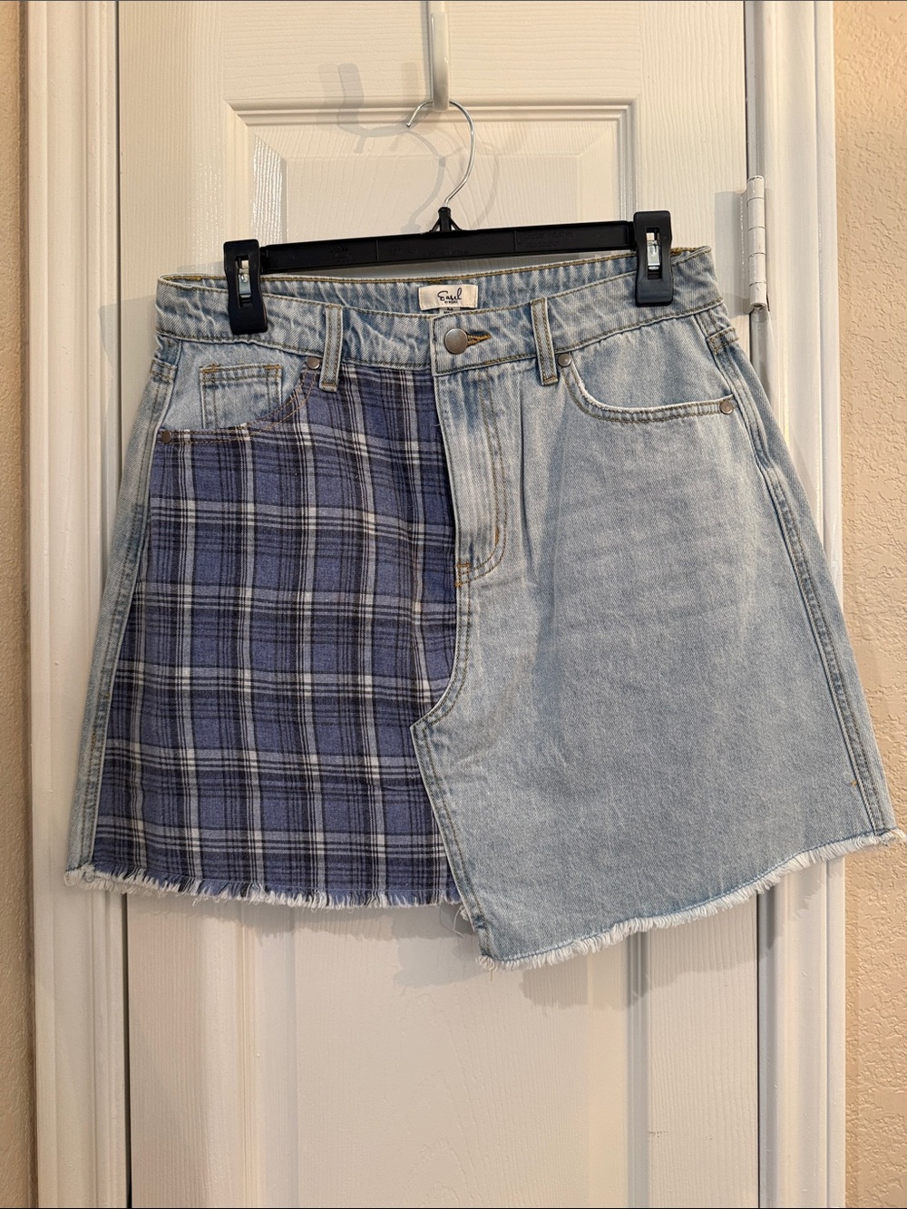 easel Two-Tone Plaid & Light Wash Denim Mini Skirt